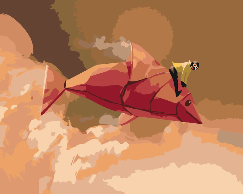 Diamond painting - MÄDCHEN AUF ROTEM ORIGAMI-FISCH