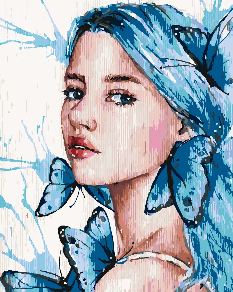 Diamond painting - MÄDCHEN MIT BLAUEM HAAR UND SCHMETTERLINGEN