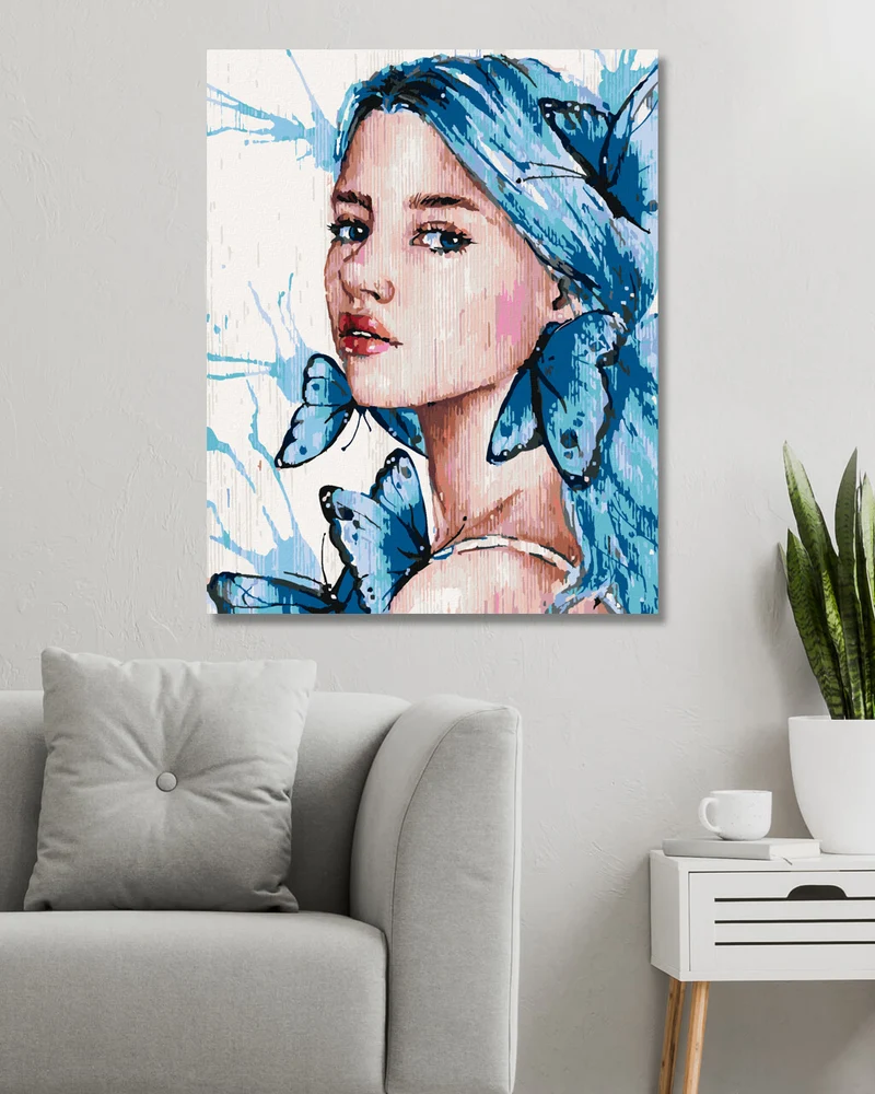 Diamond painting - MÄDCHEN MIT BLAUEM HAAR UND SCHMETTERLINGEN