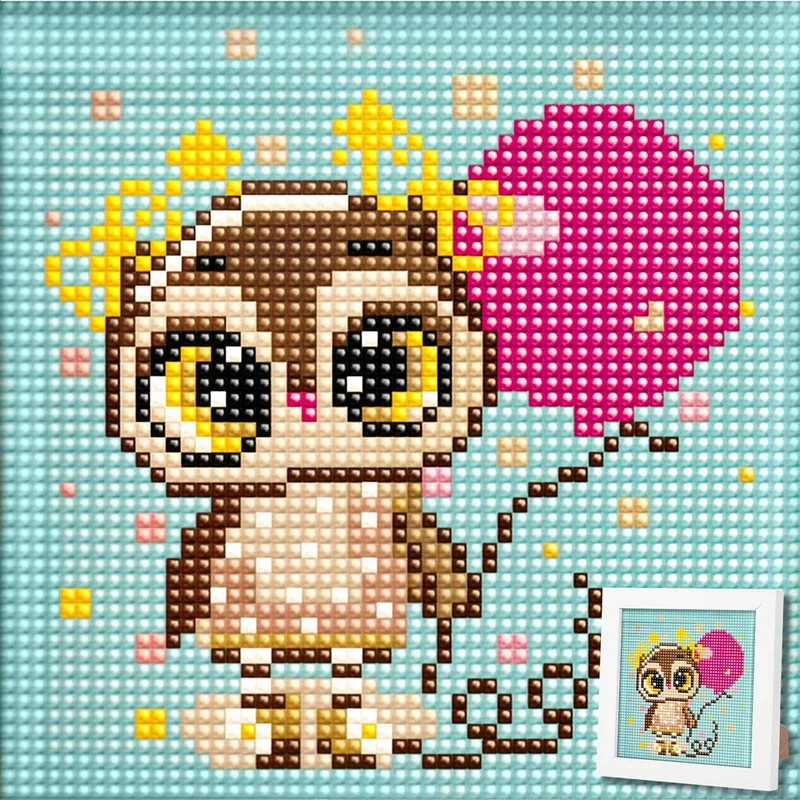 5D Diamond Painting Mini-Bild – Party-Eule Elina mit Herzballon
