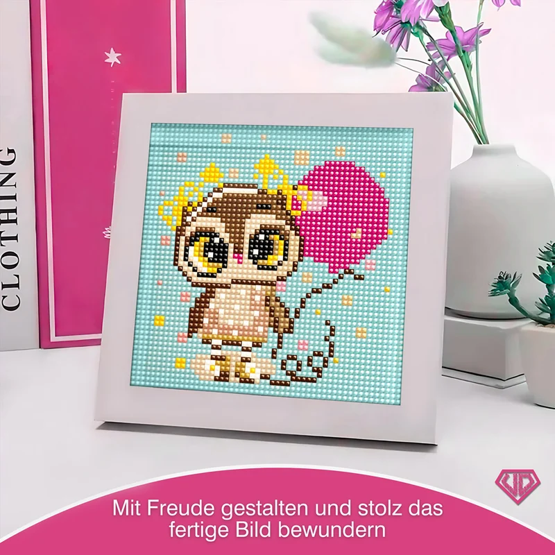 5D Diamond Painting Mini-Bild – Party-Eule Elina mit Herzballon