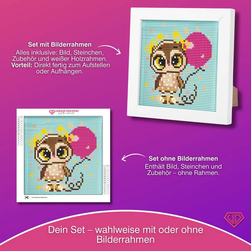5D Diamond Painting Mini-Bild – Party-Eule Elina mit Herzballon
