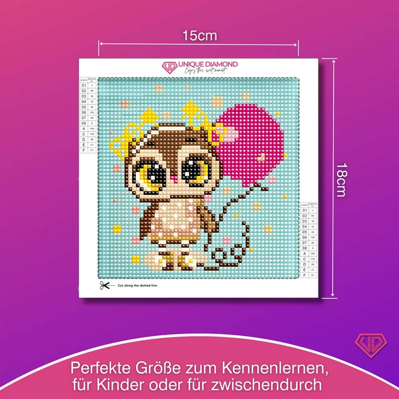 5D Diamond Painting Mini-Bild – Party-Eule Elina mit Herzballon