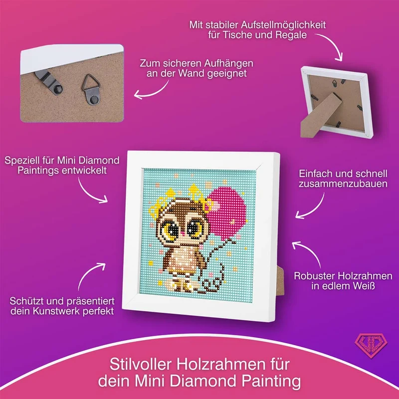 5D Diamond Painting Mini-Bild – Party-Eule Elina mit Herzballon