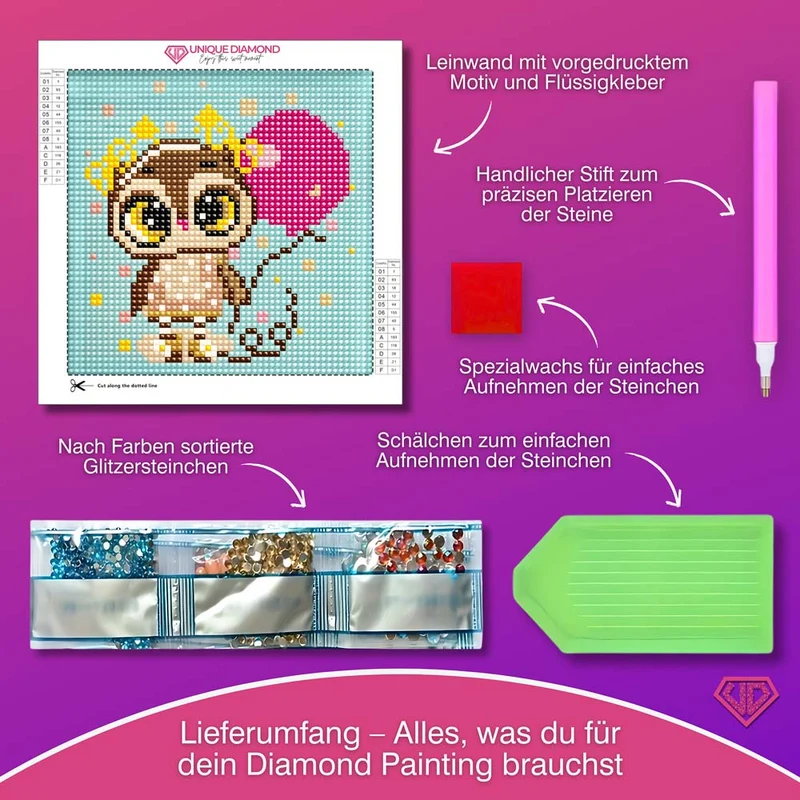 5D Diamond Painting Mini-Bild – Party-Eule Elina mit Herzballon