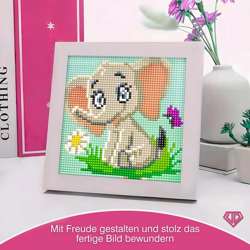 5D Diamond Painting Mini-Bild – Elefant Emil mit Blume