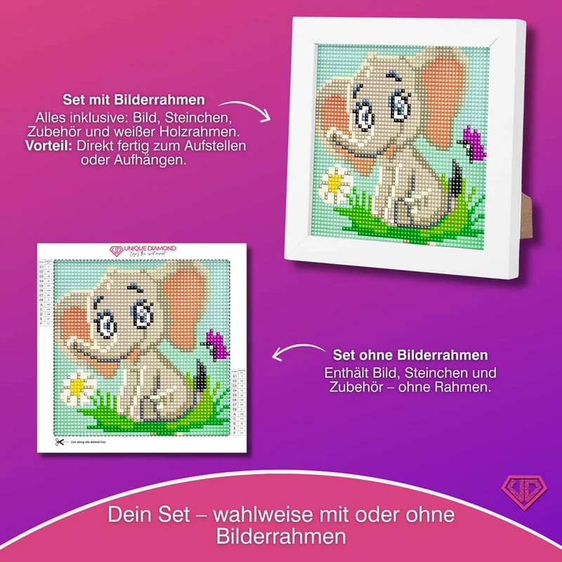 5D Diamond Painting Mini-Bild – Elefant Emil mit Blume