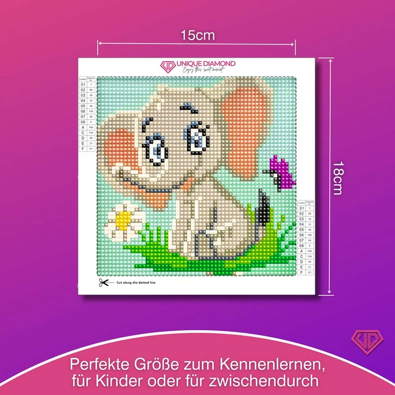 5D Diamond Painting Mini-Bild – Elefant Emil mit Blume