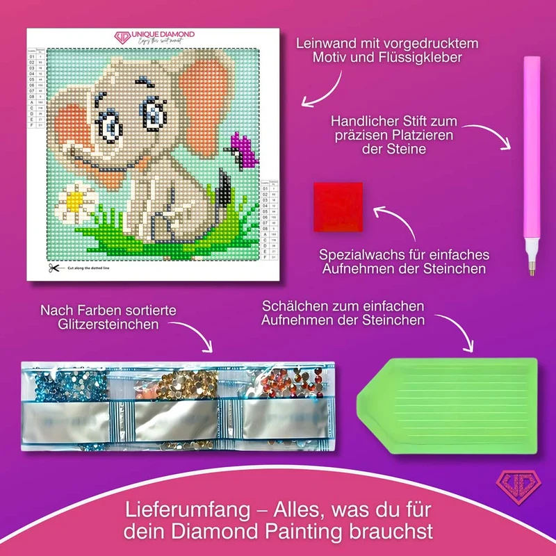 5D Diamond Painting Mini-Bild – Elefant Emil mit Blume