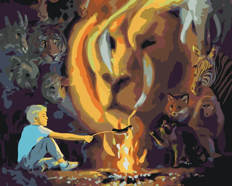 Diamond painting - JUNGE AM FEUER UND LÖWE IM RAUCH (D. RUSTY RUST)