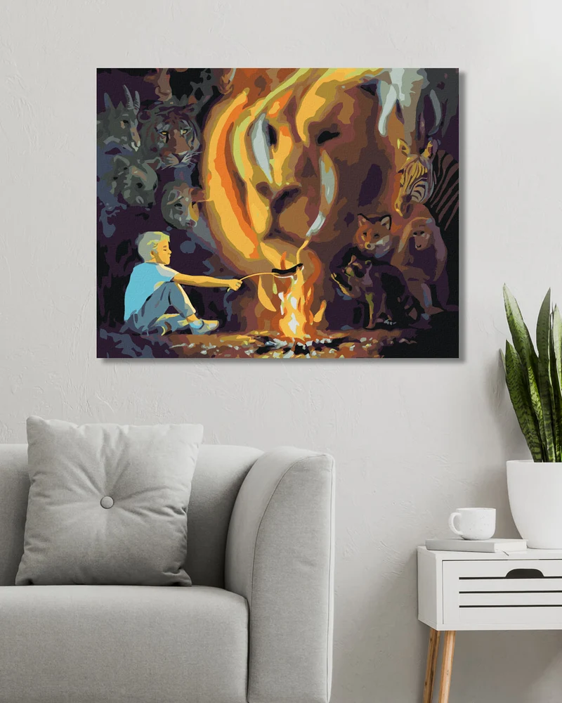 Diamond painting - JUNGE AM FEUER UND LÖWE IM RAUCH (D. RUSTY RUST)