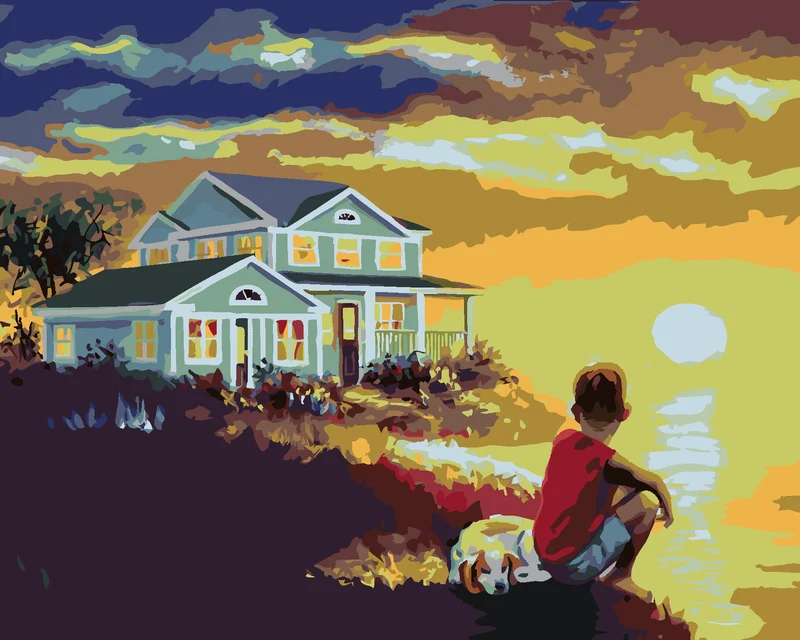 Diamond painting - JUNGE MIT HUND AM MEER UND SONNENUNTERGANG (D. RUSTY RUST)