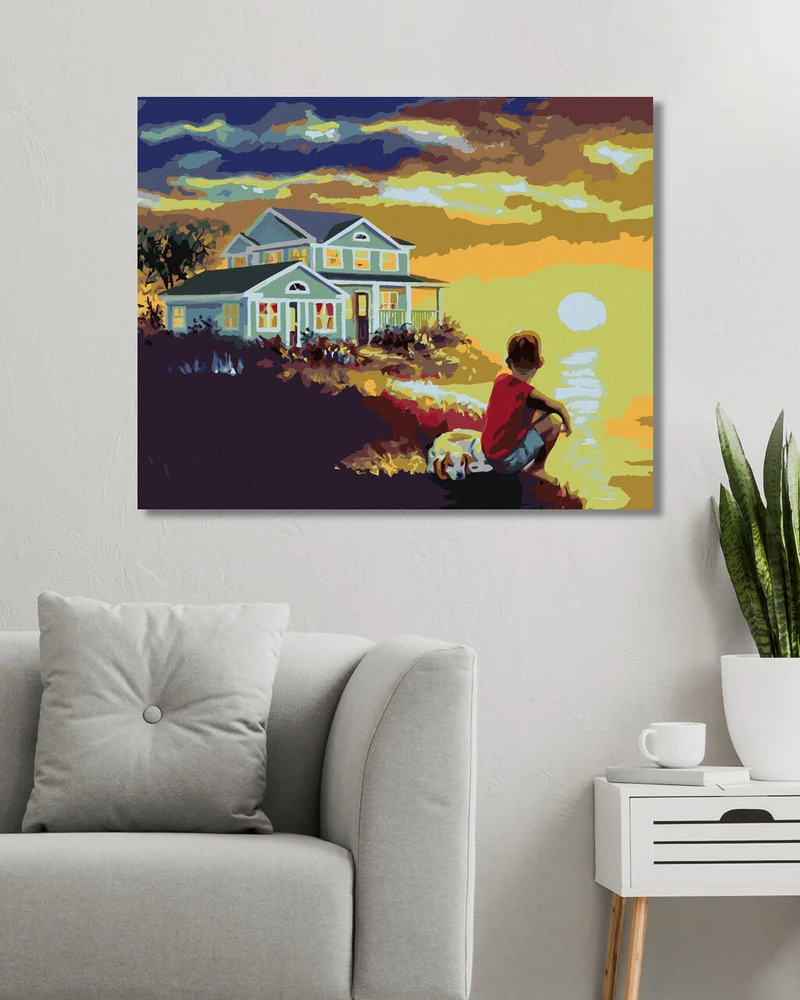 Diamond painting - JUNGE MIT HUND AM MEER UND SONNENUNTERGANG (D. RUSTY RUST)