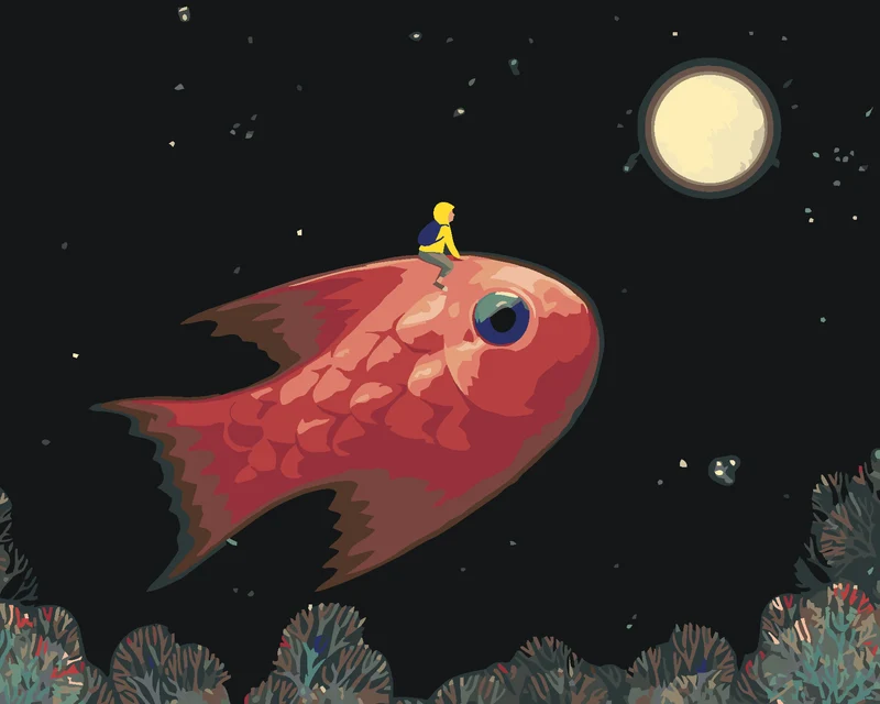 Diamond painting - FLIEGENDER JUNGE MIT EINEM FISCH AUF DEM WEG ZUM MOND