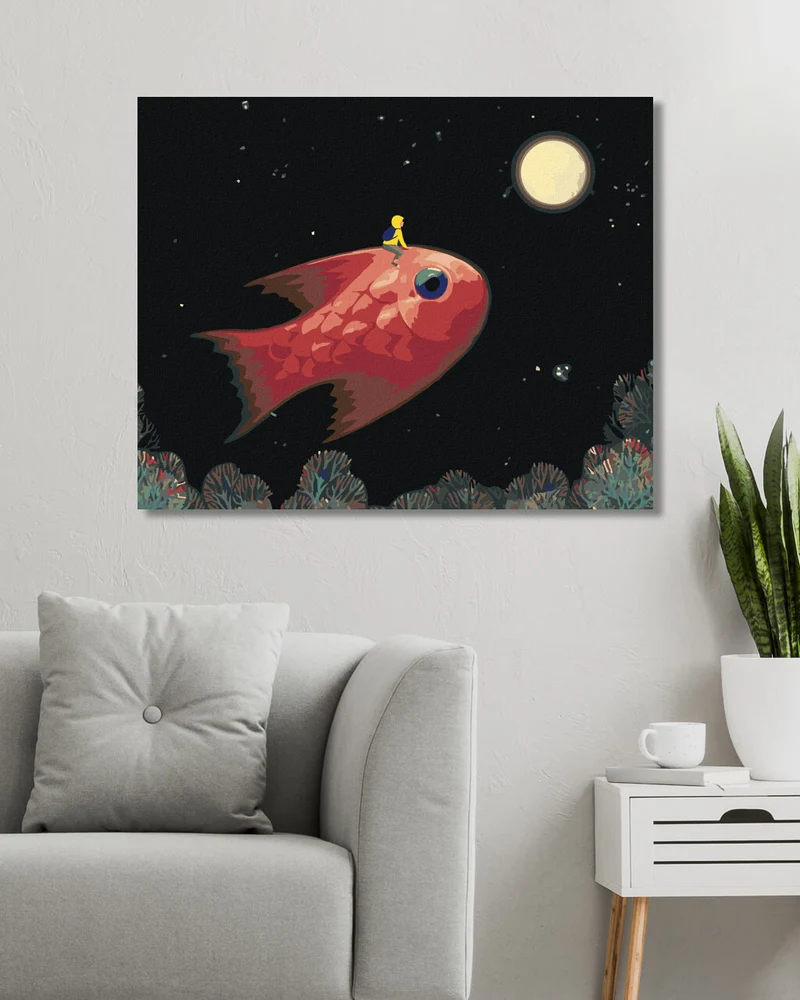 Diamond painting - FLIEGENDER JUNGE MIT EINEM FISCH AUF DEM WEG ZUM MOND