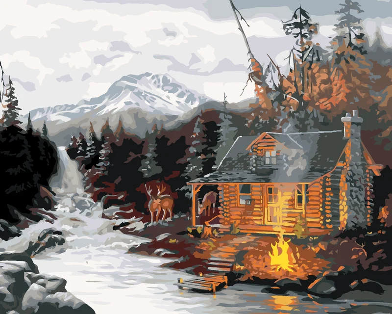 Diamond painting - HÜTTE, HIRSCH, FLUSS UND BERGE (D. RUSTY RUST)