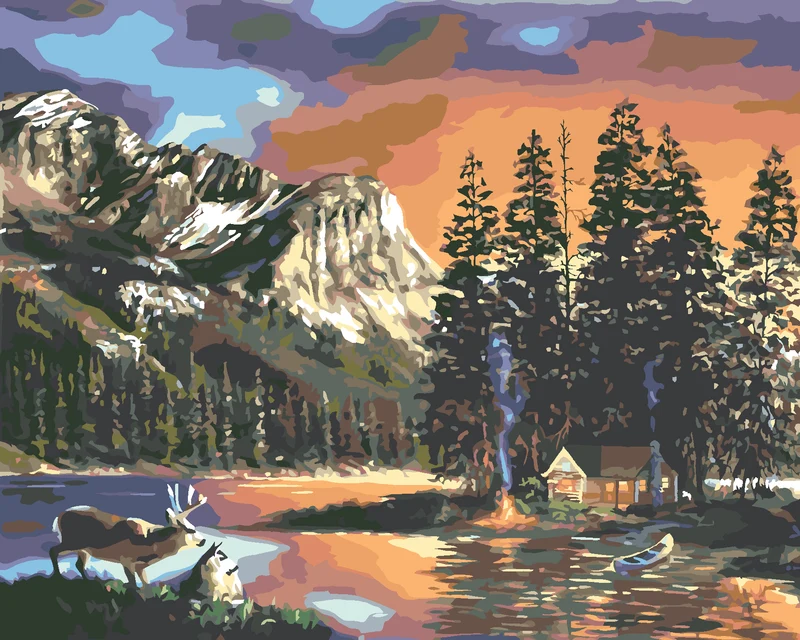 Diamond painting - HÜTTE, SEE, HIRSCH UND BERGE (D. RUSTY RUST)