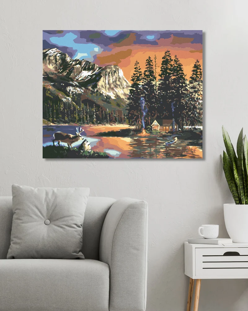 Diamond painting - HÜTTE, SEE, HIRSCH UND BERGE (D. RUSTY RUST)