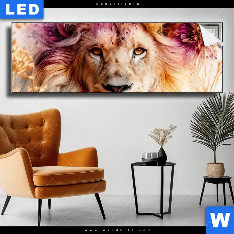 Canvalight® Leuchtbild | Florale Stärke – Der Löwe | Panorama