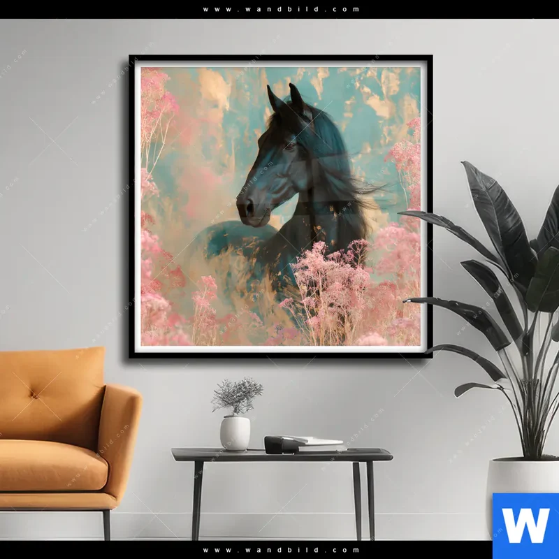 Poster | Schwarzes Pferd im Blütenmeer | Quadrat