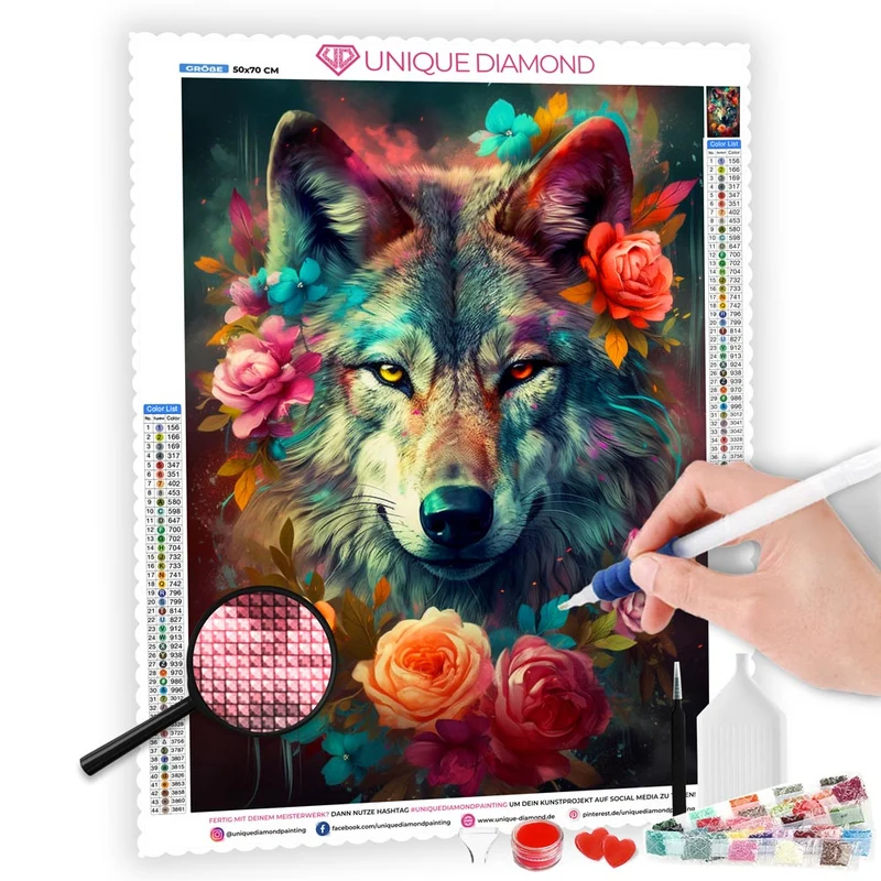 5D Diamond Painting – Wolf in Blumen