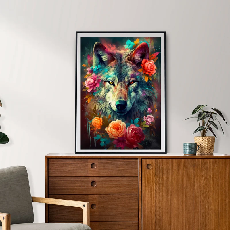 5D Diamond Painting – Wolf in Blumen