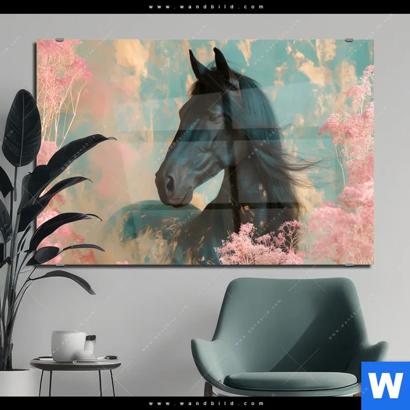 Acrylglasbild | Schwarzes Pferd im Blütenmeer | Querformat
