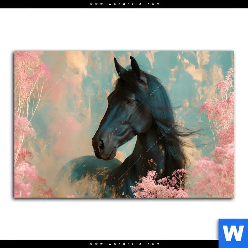 Acrylglasbild | Schwarzes Pferd im Blütenmeer | Querformat