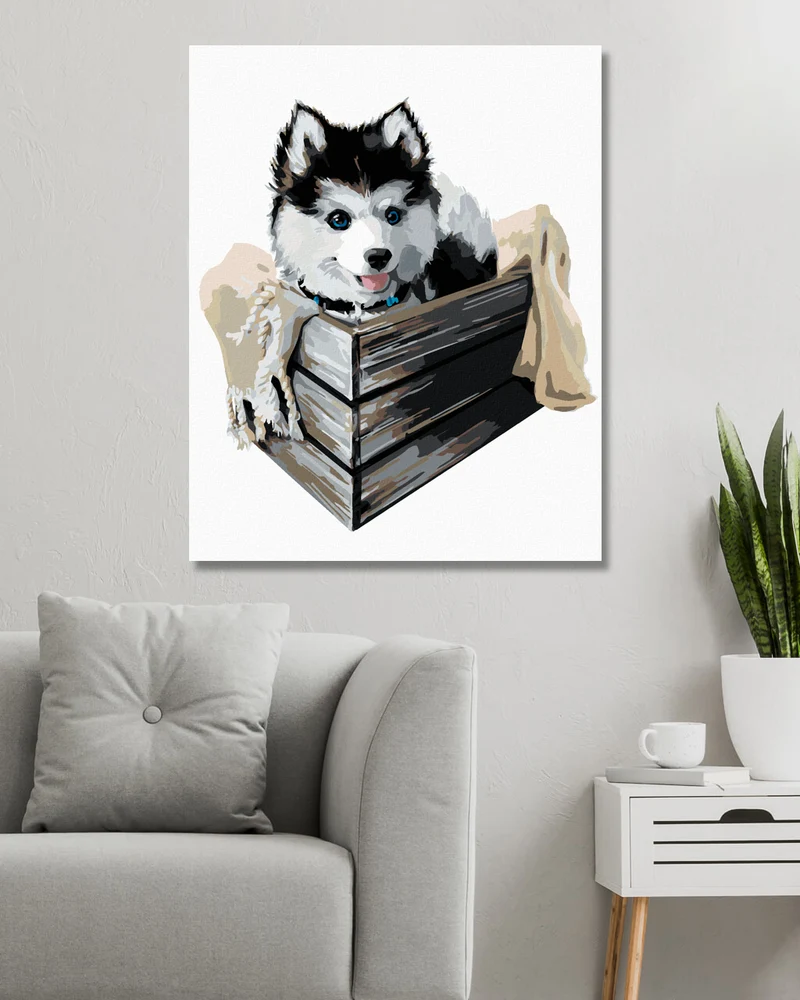 Diamond painting - HUSKY IN EINER KISTE