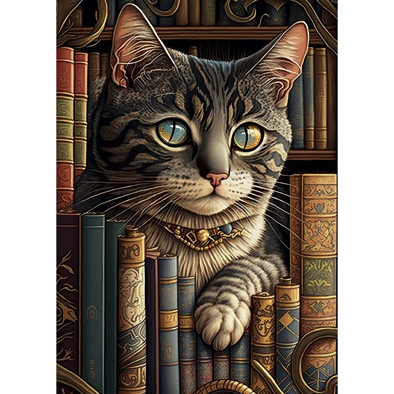 5D Diamond Painting – Cat Under Books