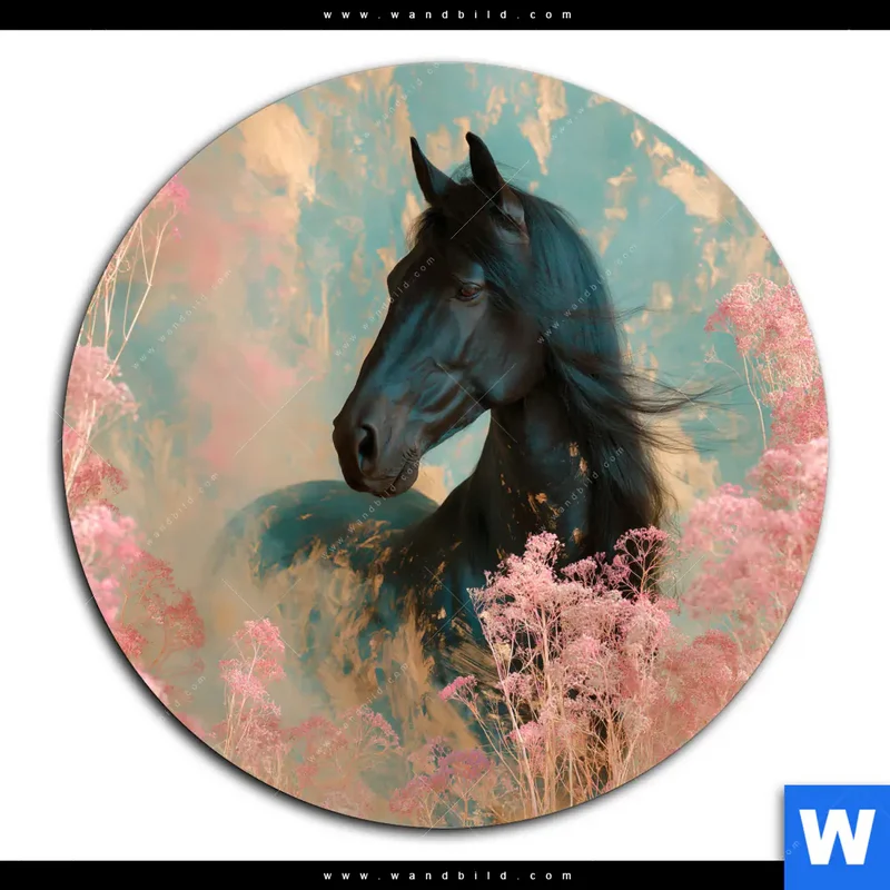 Acrylglasbild | Schwarzes Pferd im Blütenmeer | Rund