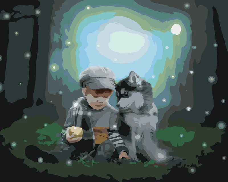 Diamond painting - HUSKY UND KLEINER JUNGE IN DER WALD