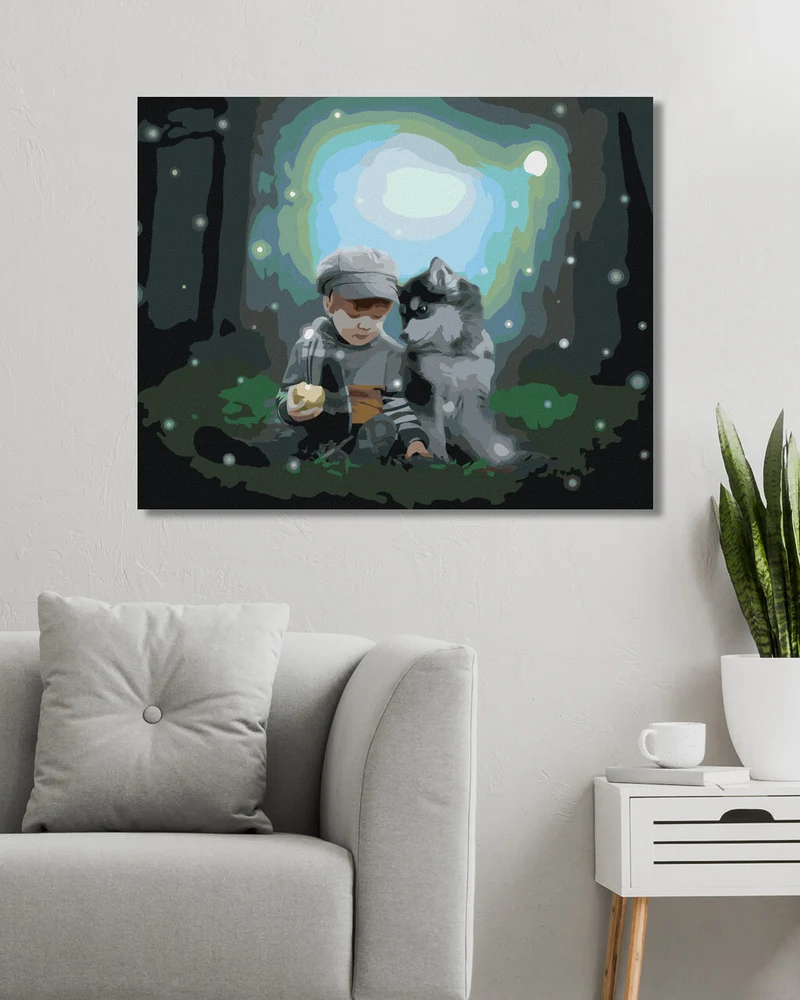 Diamond painting - HUSKY UND KLEINER JUNGE IN DER WALD