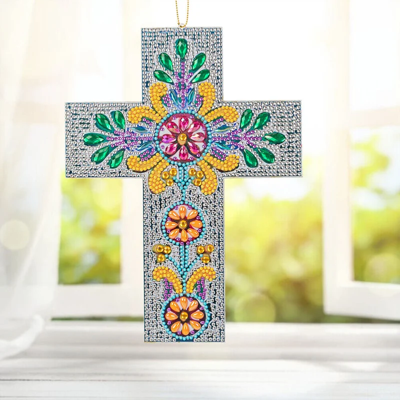 5D Diamond Painting Dekoanhänger Kreuz mit Blume