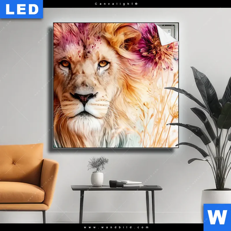 Canvalight® Leuchtbild | Florale Stärke – Der Löwe | Quadrat