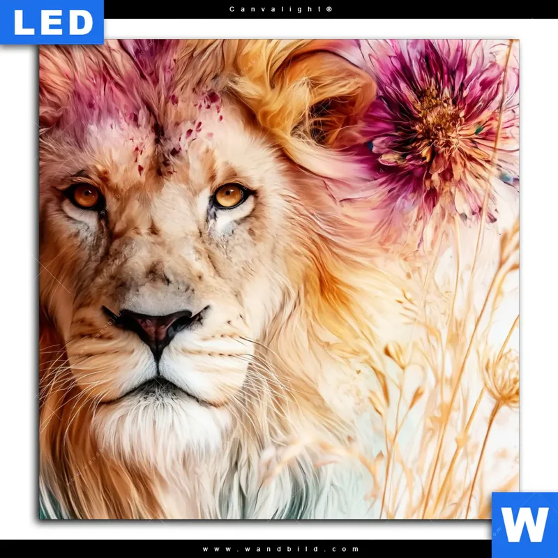 Canvalight® Leuchtbild | Florale Stärke – Der Löwe | Quadrat