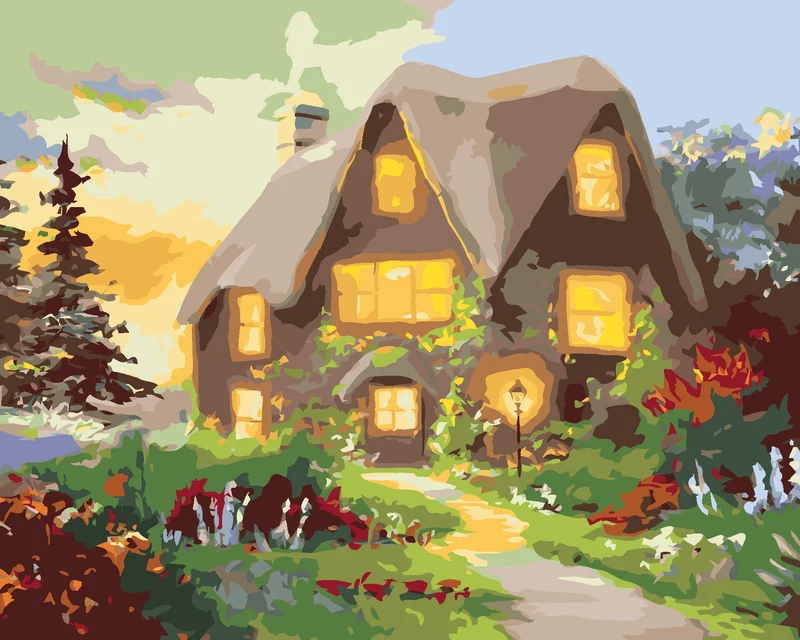 Diamond painting - HAUS UND EINE MIT BLUMEN GESÄUMTE STRASSE (D. RUSTY RUST)