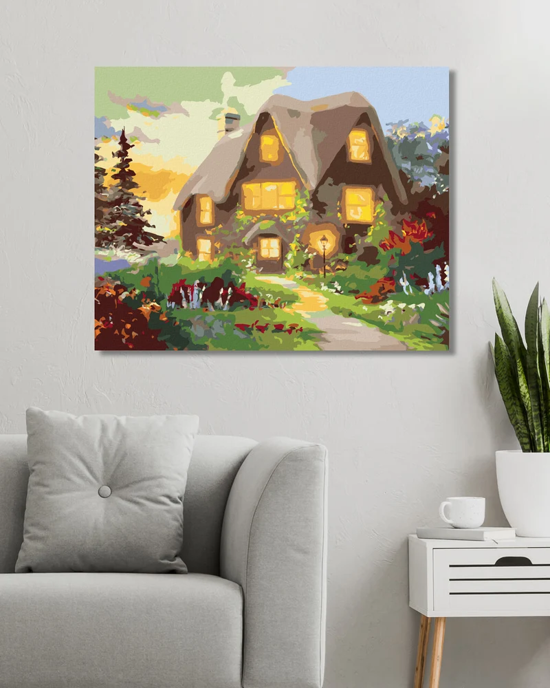 Diamond painting - HAUS UND EINE MIT BLUMEN GESÄUMTE STRASSE (D. RUSTY RUST)