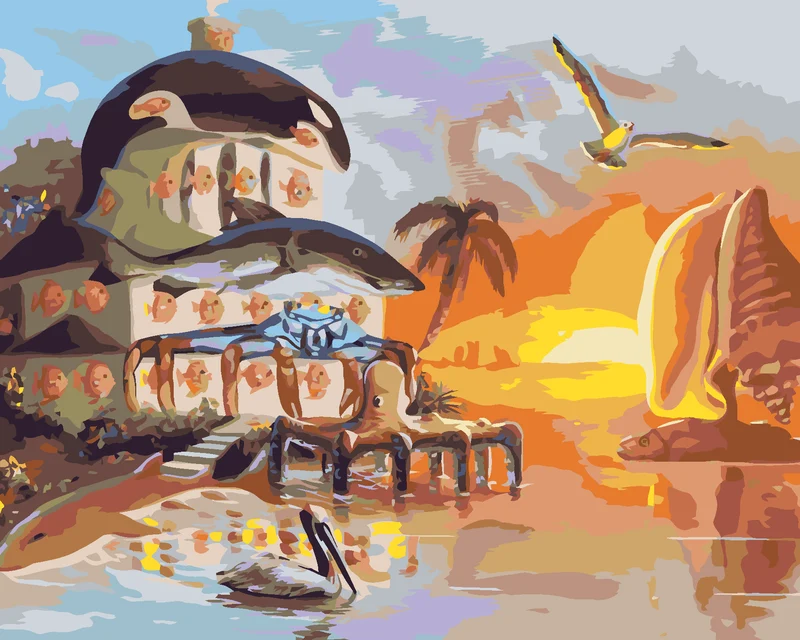 Diamond painting - HAUS UND SEGELBOOT AUS MEERESTIEREN UND SONNENUNTERGANG (D. RUSTY RUST)