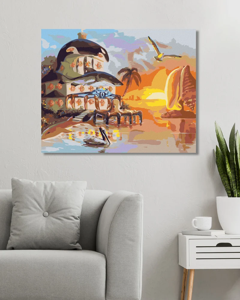 Diamond painting - HAUS UND SEGELBOOT AUS MEERESTIEREN UND SONNENUNTERGANG (D. RUSTY RUST)