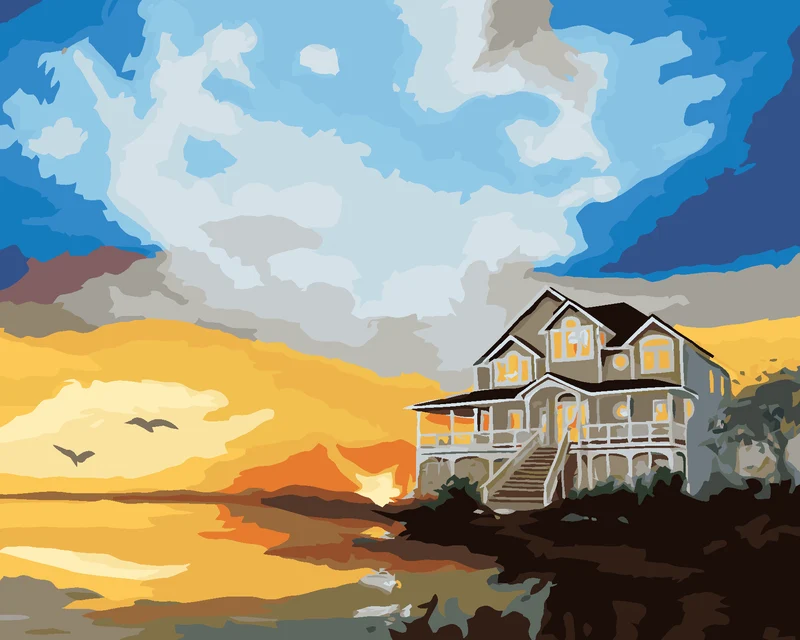 Diamond painting - HAUS AM WASSER UND HIMMELSRÖTE (D. RUSTY RUST)