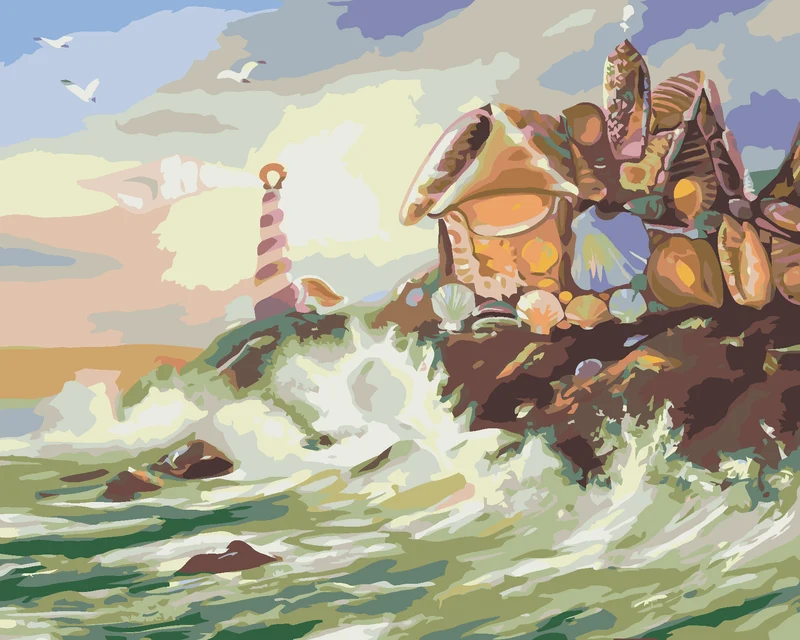 Diamond painting - HAUS UND LEUCHTTURM AUS MUSCHELN UND WELLEN (D. RUSTY RUST)