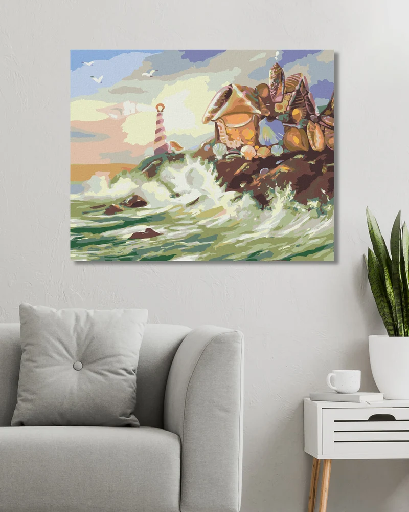 Diamond painting - HAUS UND LEUCHTTURM AUS MUSCHELN UND WELLEN (D. RUSTY RUST)