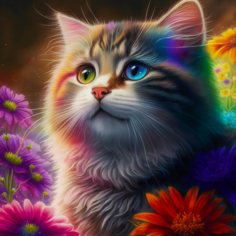 5D Diamond Painting – Colorful Cat In Flowers