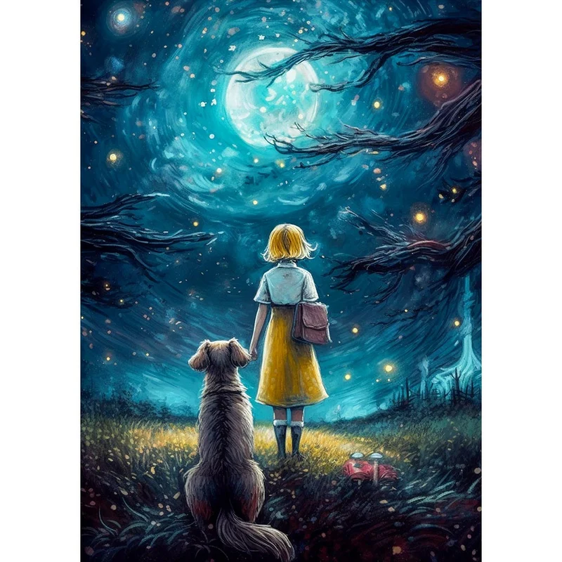 5D Diamond Painting – Girl With Dog By Moonlight