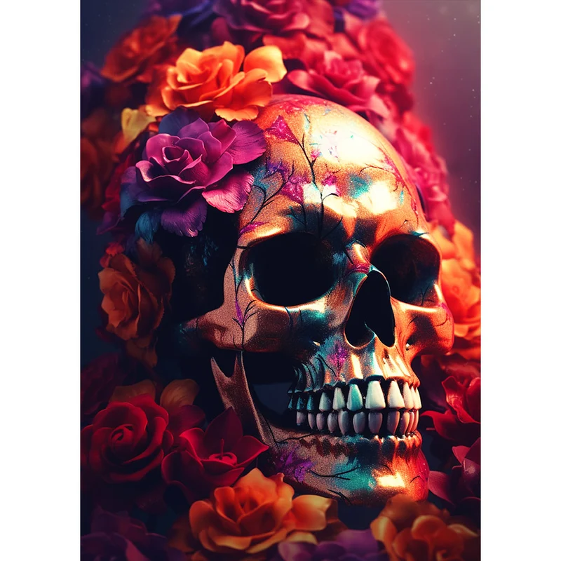 5D Diamond Painting – Schädel mit Blumen