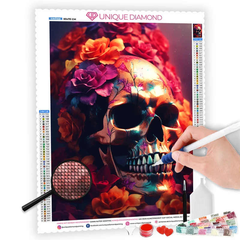 5D Diamond Painting – Schädel mit Blumen