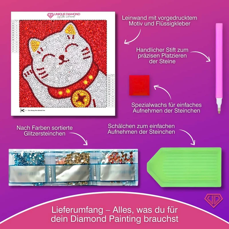 5D Diamond Painting Maneki Miau – Glückskatze mit Strasssteinchen