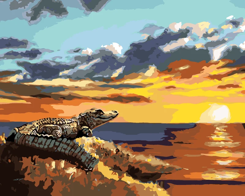 Diamond painting - ALLIGATOR MIT BLICK AUF WASSER UND SONNENUNTERGANG (D. RUSTY RUST)