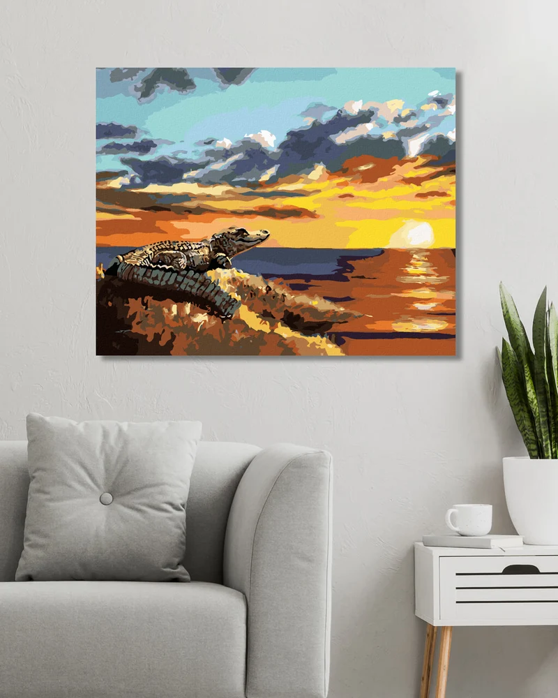 Diamond painting - ALLIGATOR MIT BLICK AUF WASSER UND SONNENUNTERGANG (D. RUSTY RUST)